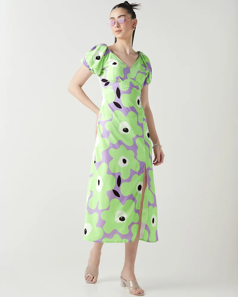 بيواكوف Women's Green & Purple All Over Printed Dress